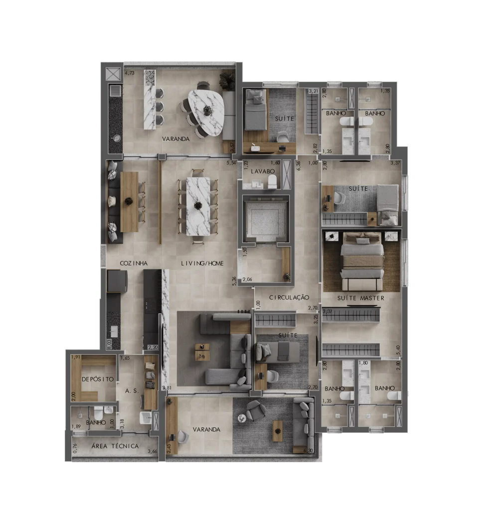 3 suítes | Home TV | Suíte master com banho Sr. e Sra.