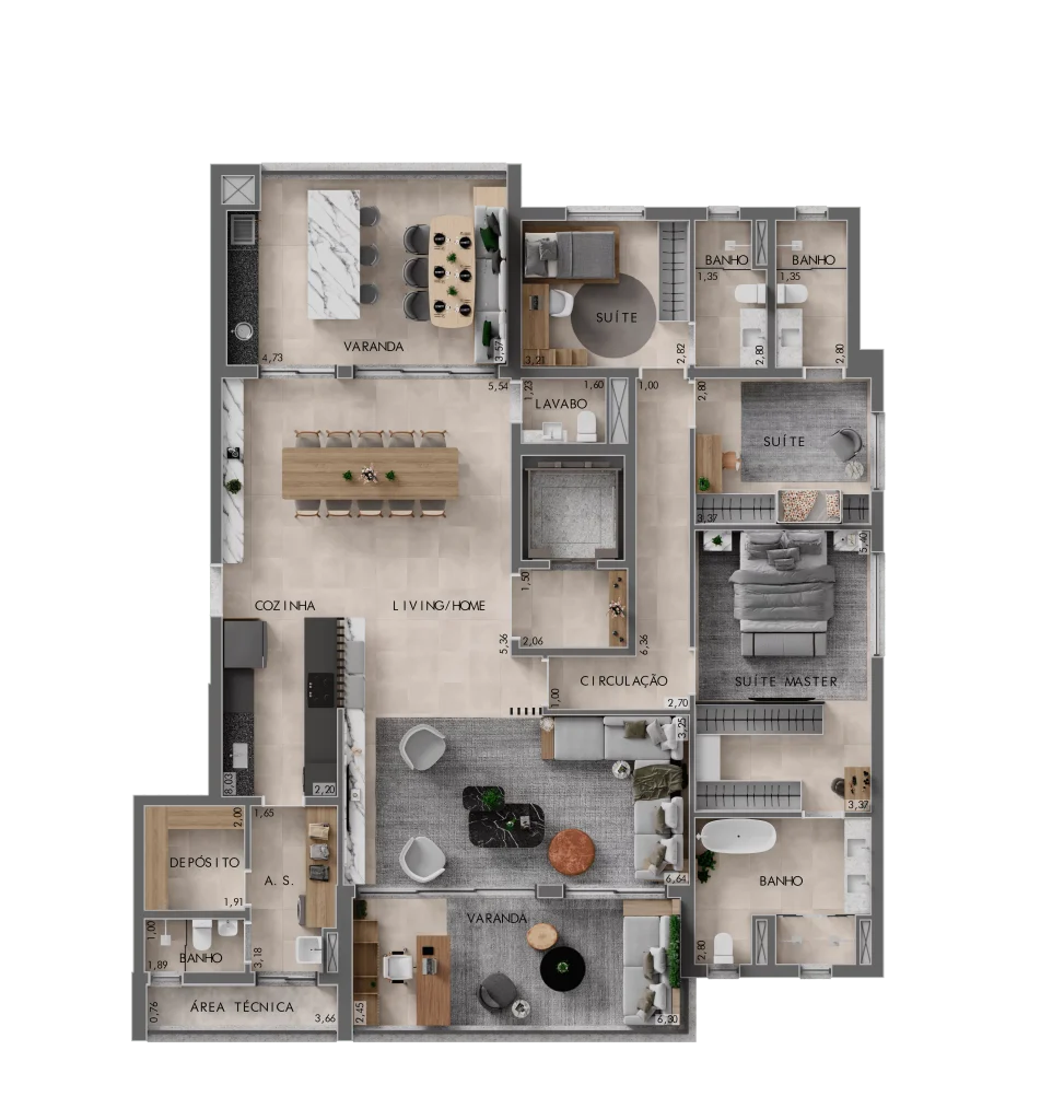 3 suítes | Home TV | Suíte master com banho ampliado