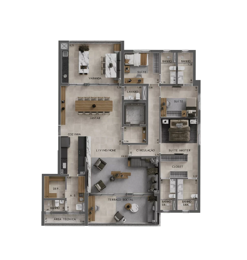 3 suítes com banhos Sr. e Sra.