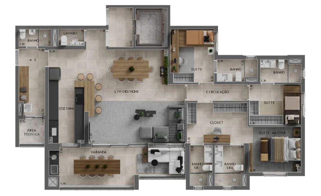 157 m²
3 suítes | Suíte master com closet ampliado e banho Sr. e Sra.