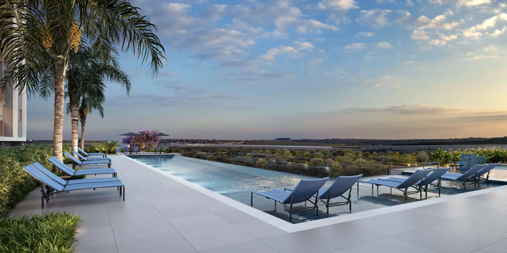 Piscina com borda infinita e raia de 25m